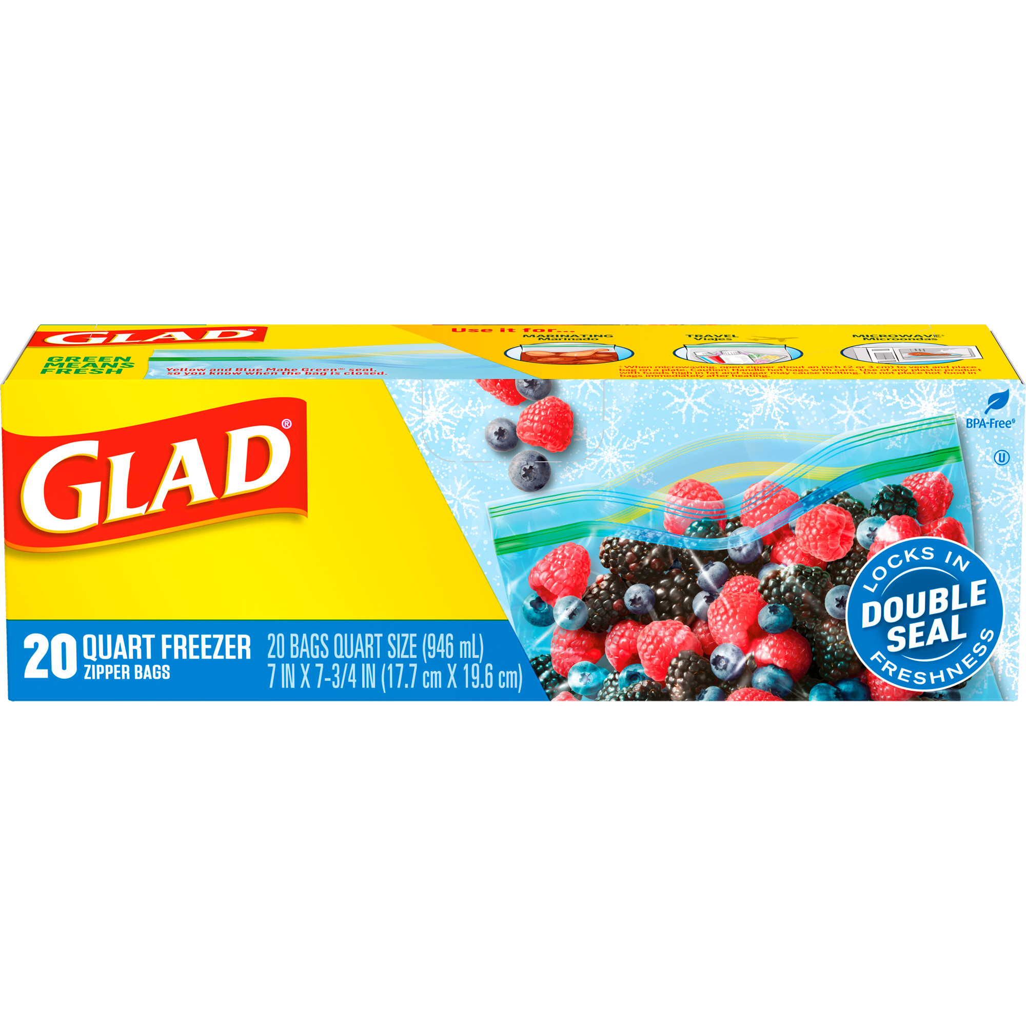 Glad Zipper Storage Freezer Bags 1 Quart, 20 Count, Clear