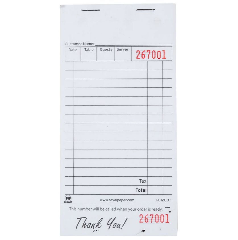 Guest Check Paper White, 1 Part, 15 Lines, 100 Sheets