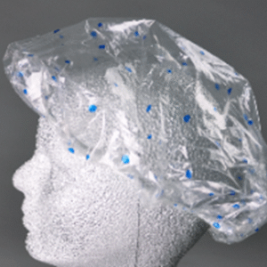 LDPE Shower Cap Clear w/ Blue Dots, 0.8 Mil