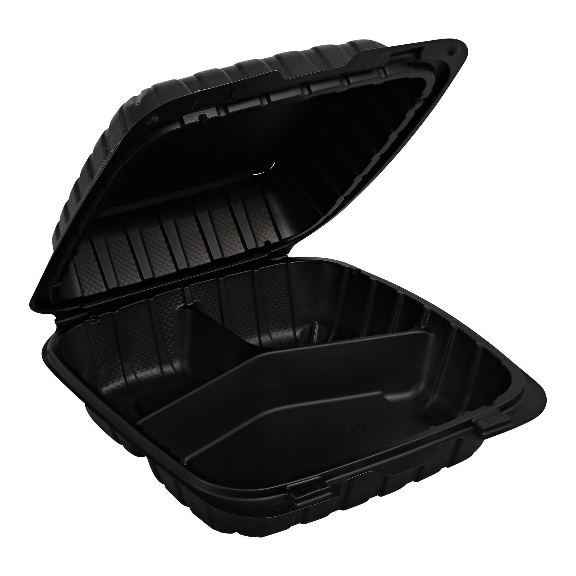 Hinged Container Mineral Filled PP 8" x 8" x 3" Black 3-Compartment