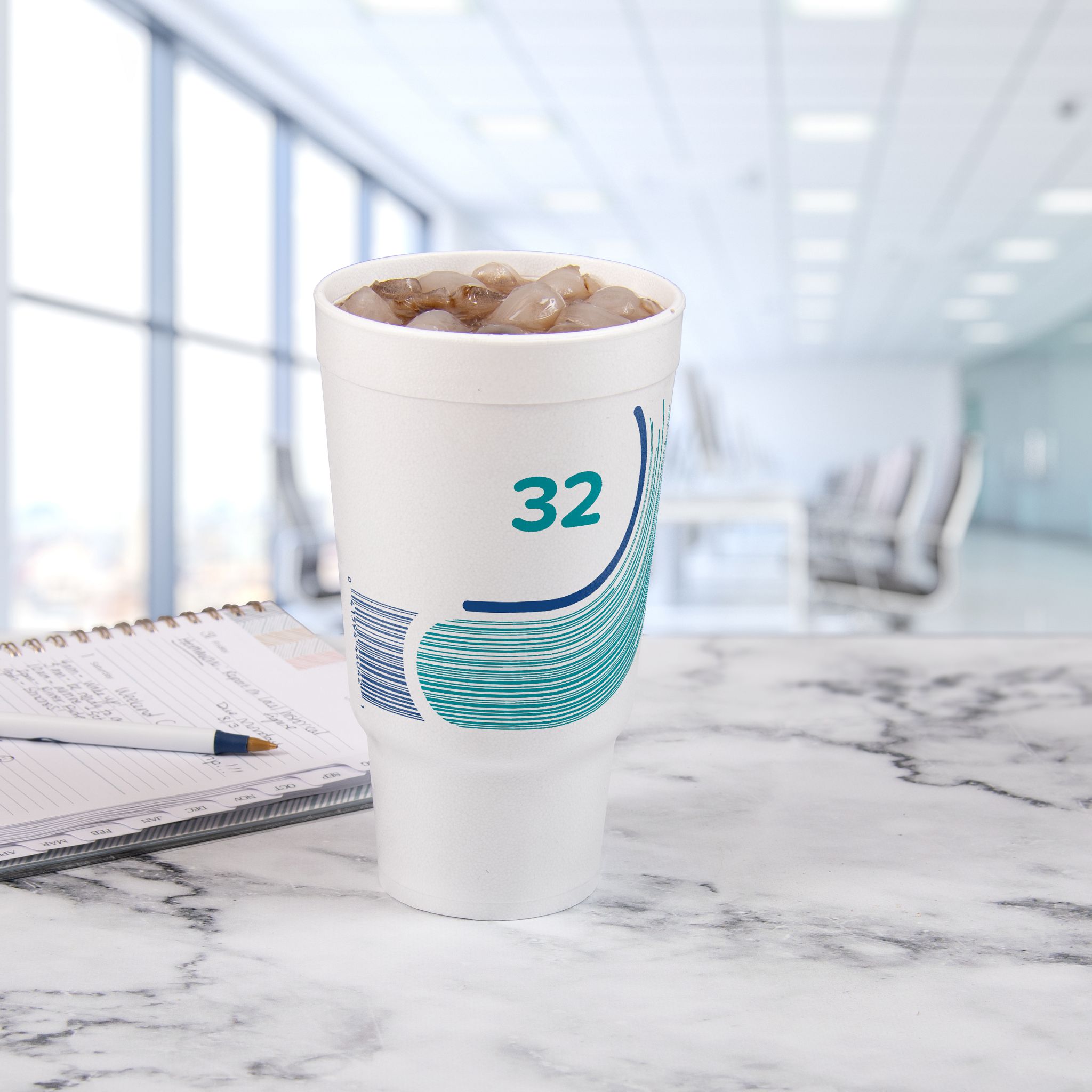 32 oz Foam Breeze Pedestal Cup White w/Blue Print JCup