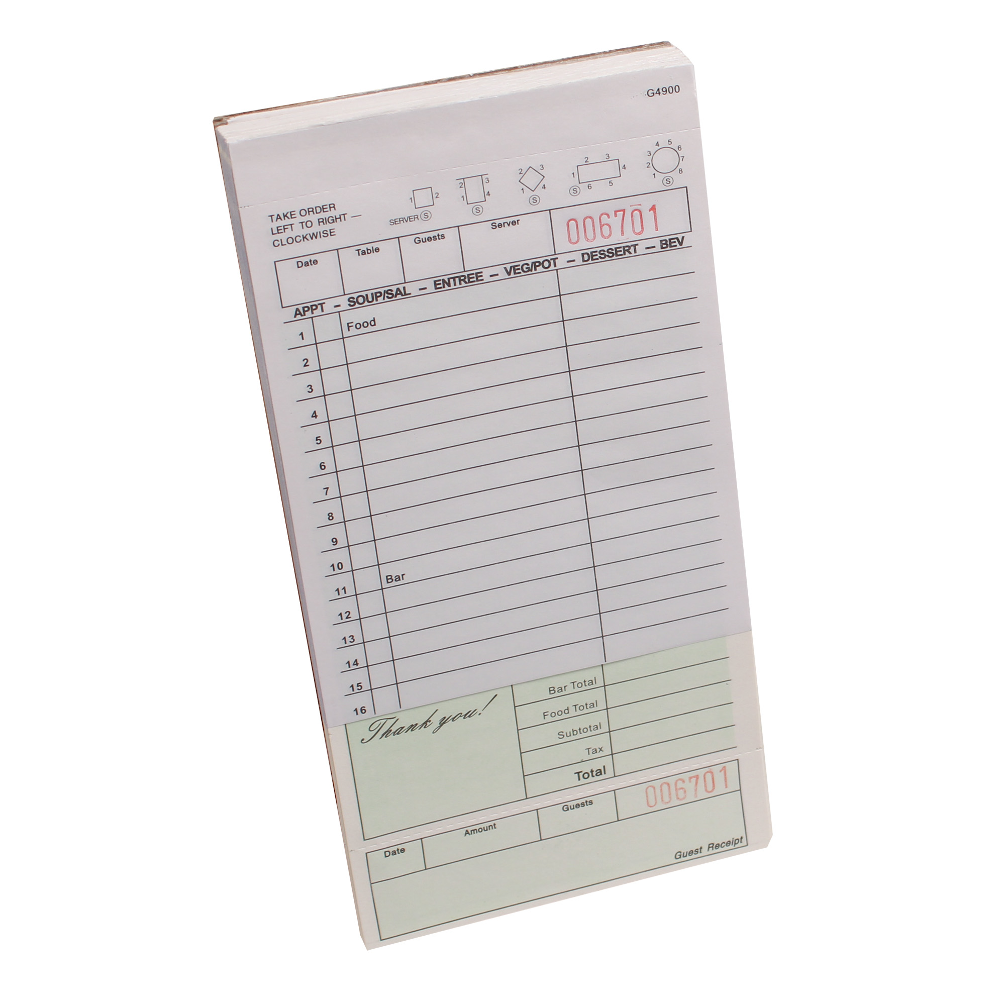 16 Lines Guest Checks 2-Part 4.2" x 8.25" , Green , Carbon Back