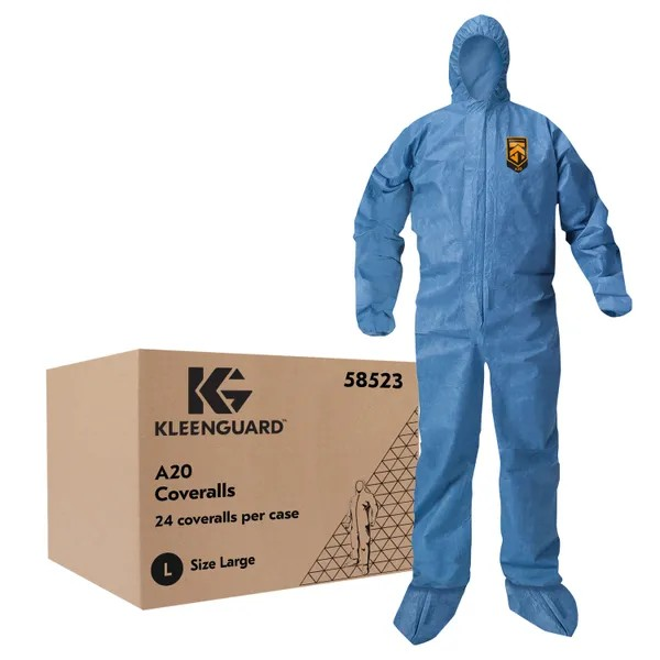 KleenGuard A20 Hooded Coveralls Blue , Large , Zip Front , Boots