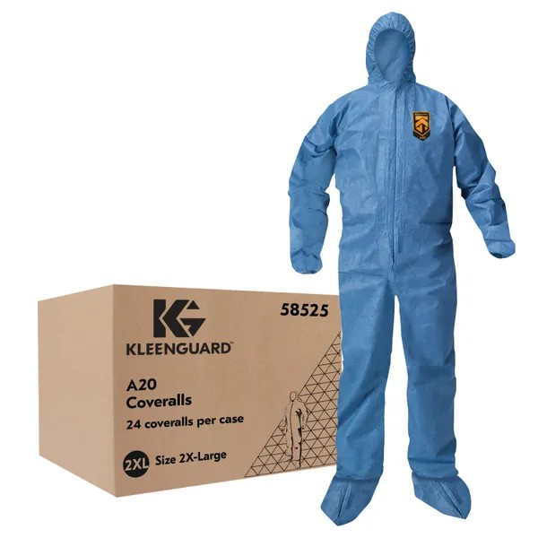 KleenGuard A20 Hooded Coveralls Blue , 2X-Large , Zip Front , Boots