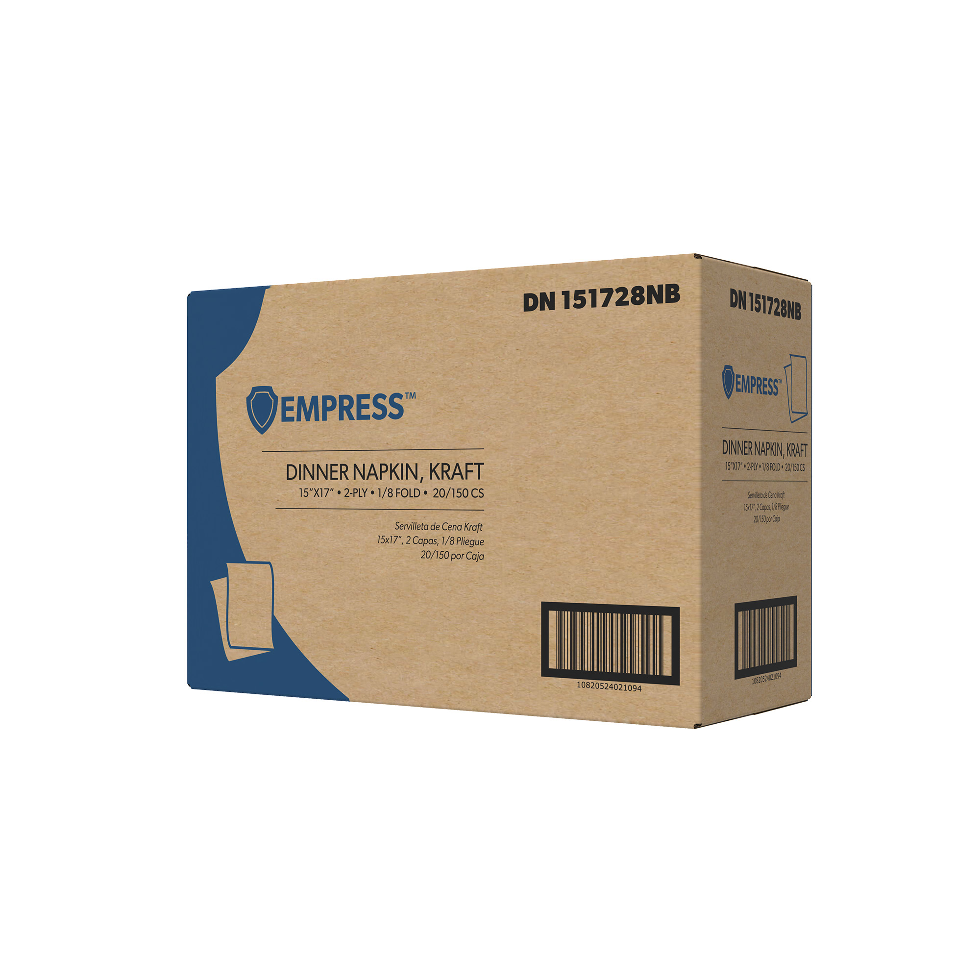 2-Ply Dinner Napkin, Brick Pack 14.2" x 16.5", Kraft, 1/8 Fold