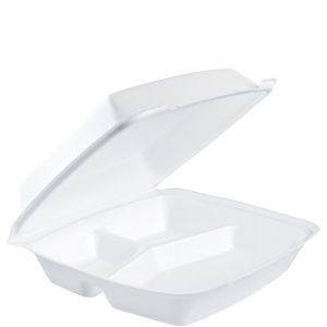 Foam Hinged Containers w/ Remov Lid 3-Comp Perf 10 1/4 x 9 1/2 x 3 1/2