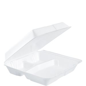 Foam Hinged Containers w/ Rem Lid Large 3-Comp 9 1/2 x 9 1/4 x 3