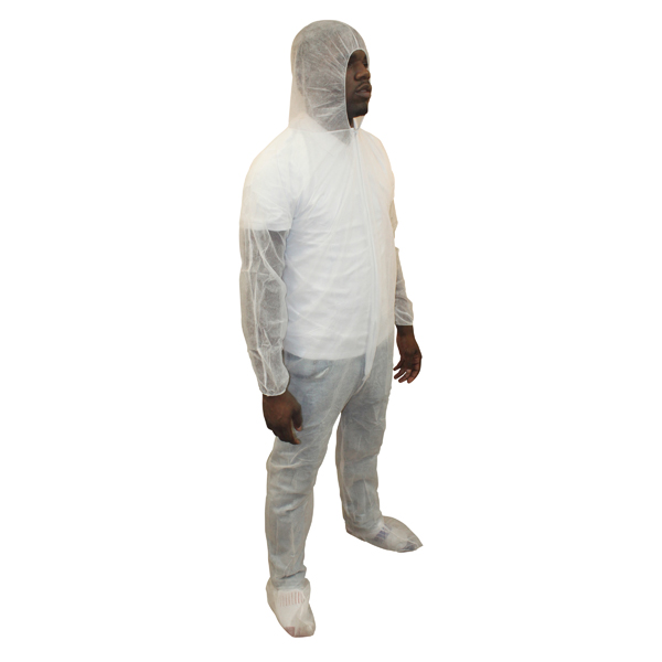 Polylite Coveralls w/ Front Zipper White, Large, Attached Hood