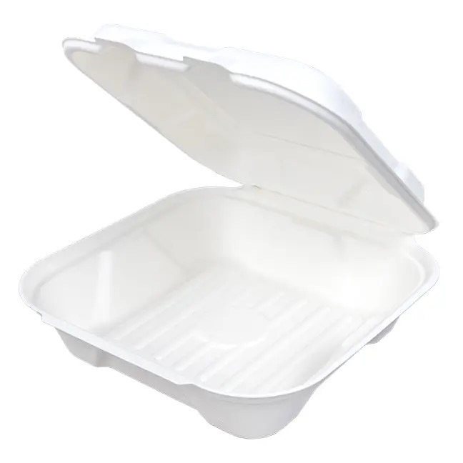 Hinged Square Container PFAS Free 9" x 9" , White , Harvest Fiber