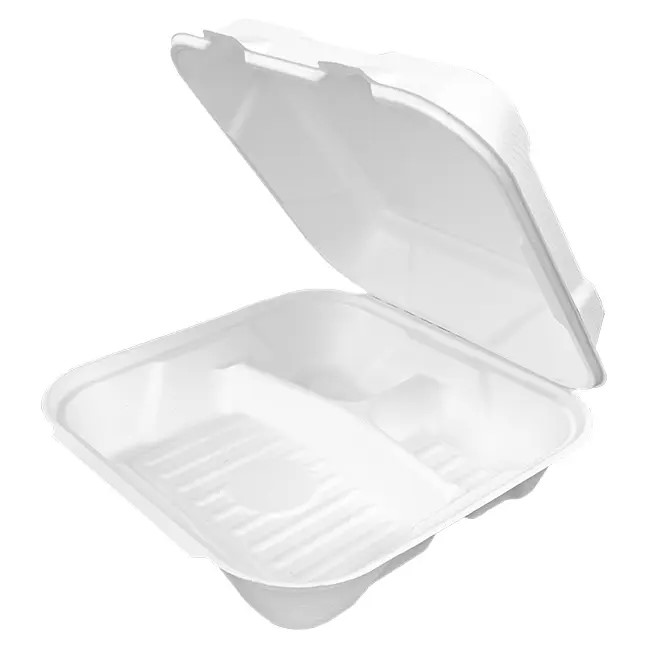 Hinged Square Container PFAS Free 9" x 9" White Harvest Fiber 3-Comp