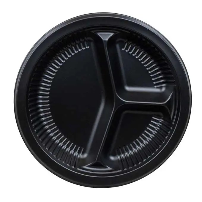 3-Compart Round Ribbed Plate 9 inch, Black