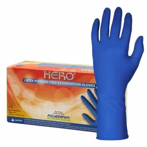 Hero Latex Exam Glove Ext Cuff Med. Blue, 14 mil, Powder Free