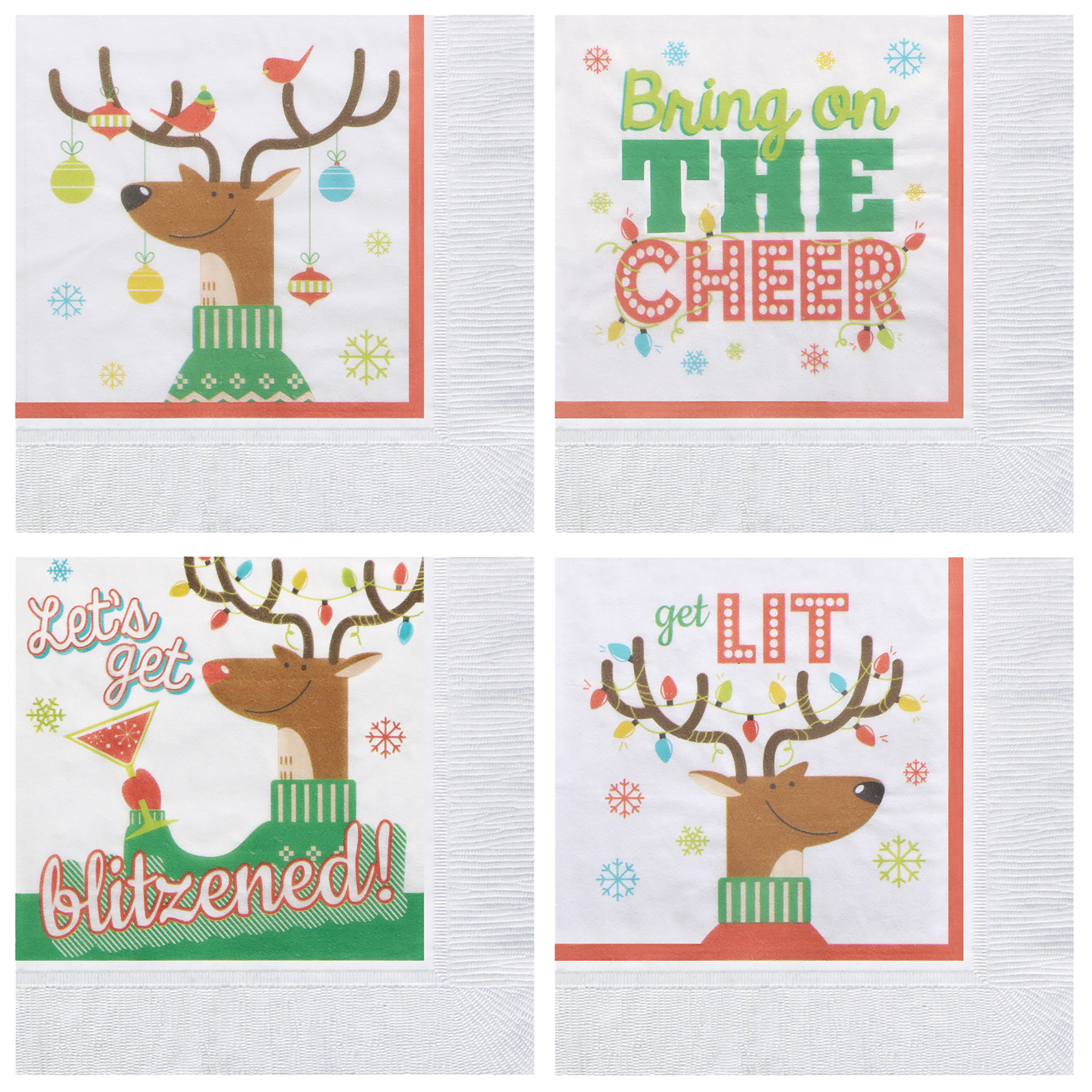 10" x 10" White Beverage Napkin Reindeer Games Print 2 Ply 1/4 Fold