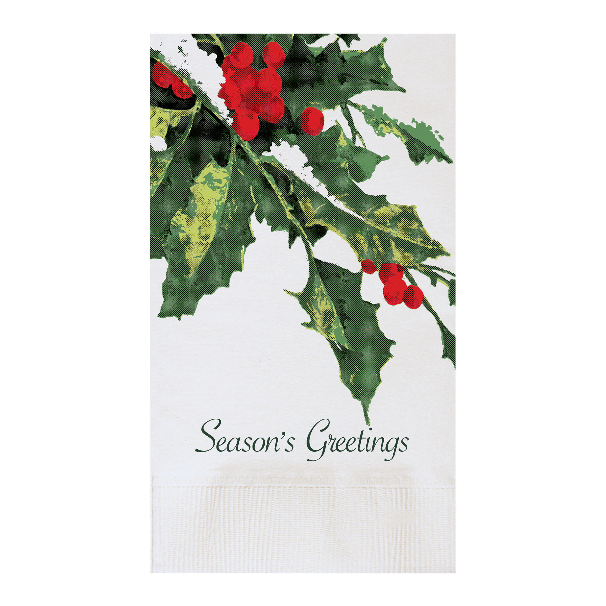 15" x 17" White Dinner Napkin Holly Greetings Print 2Ply 1/8 Fold