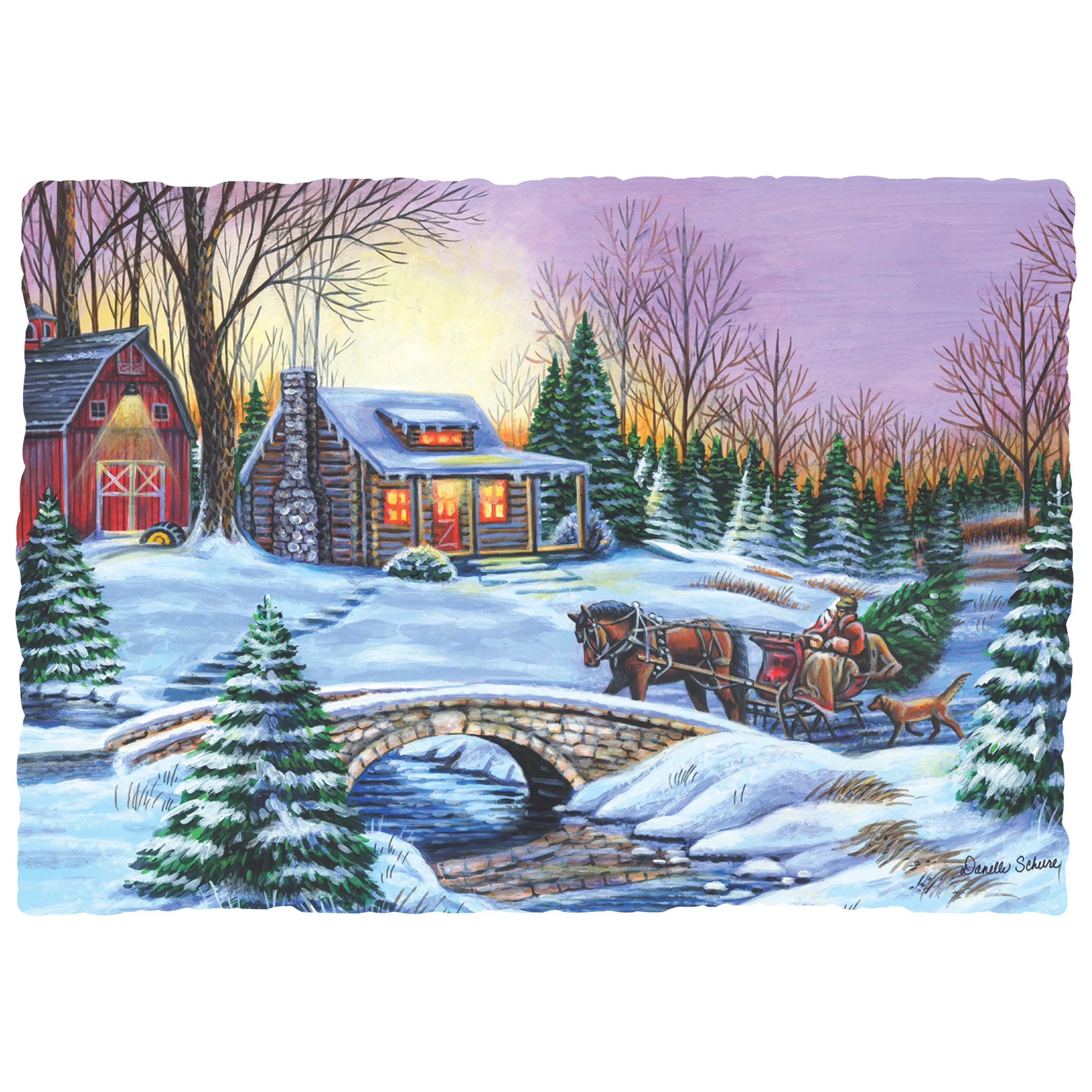 9.75" x 14" Seasonal Print Placemat Over The River Print , Burnt Edge