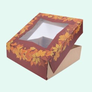 9" X 9" X 2.5" Bakery Box w/ Window, Autumn Print Paperboard