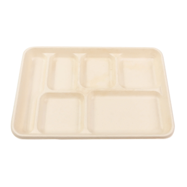 6 Compartment School Tray  White Bagasse Natural