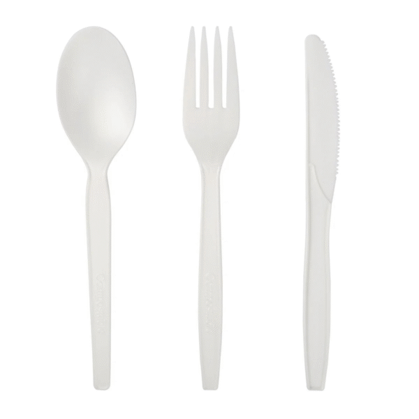 CPLA Compostable Cutlery Kit White Wrapped Knife, Fork, & Spoon
