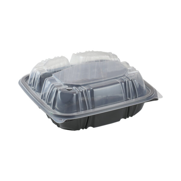 3-Cmpt Hinged-Lid Takeout Container 8.5" x 8.5", Black / Clear