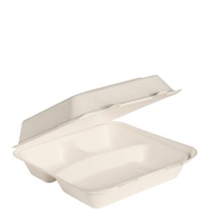Bare Eco-Forward Hinged Lid Contain 9" Square 3-Compartment Bagasse