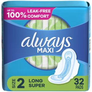 Always Maxi Daytime Pads w/ Wings Size 2 Long, Unscented , 32 Count