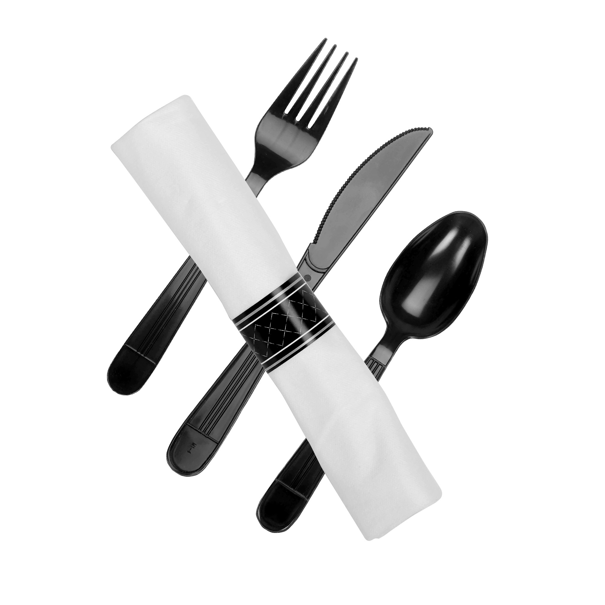 Rolled Cutlery Fork Knife Spoon Kit Black w/ White 17" x 17" Napkin