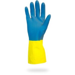 Neoprene Flock Lined Latex Gloves Medium Blue Over Yellow , 28 mil
