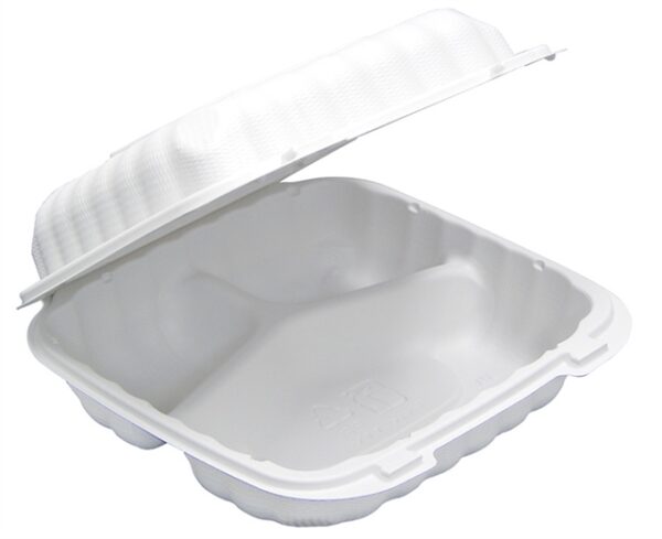 8x8x3 3-Comp Hinged Lid Container MFPP Mineral Filled Polypropylene